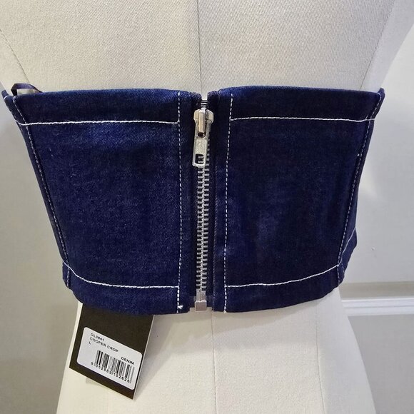 By.DYLN Denim Tube Top – Dark Blue Smocked Strapless Crop w/ Zipper | Deadstock - Picture 6 of 14
